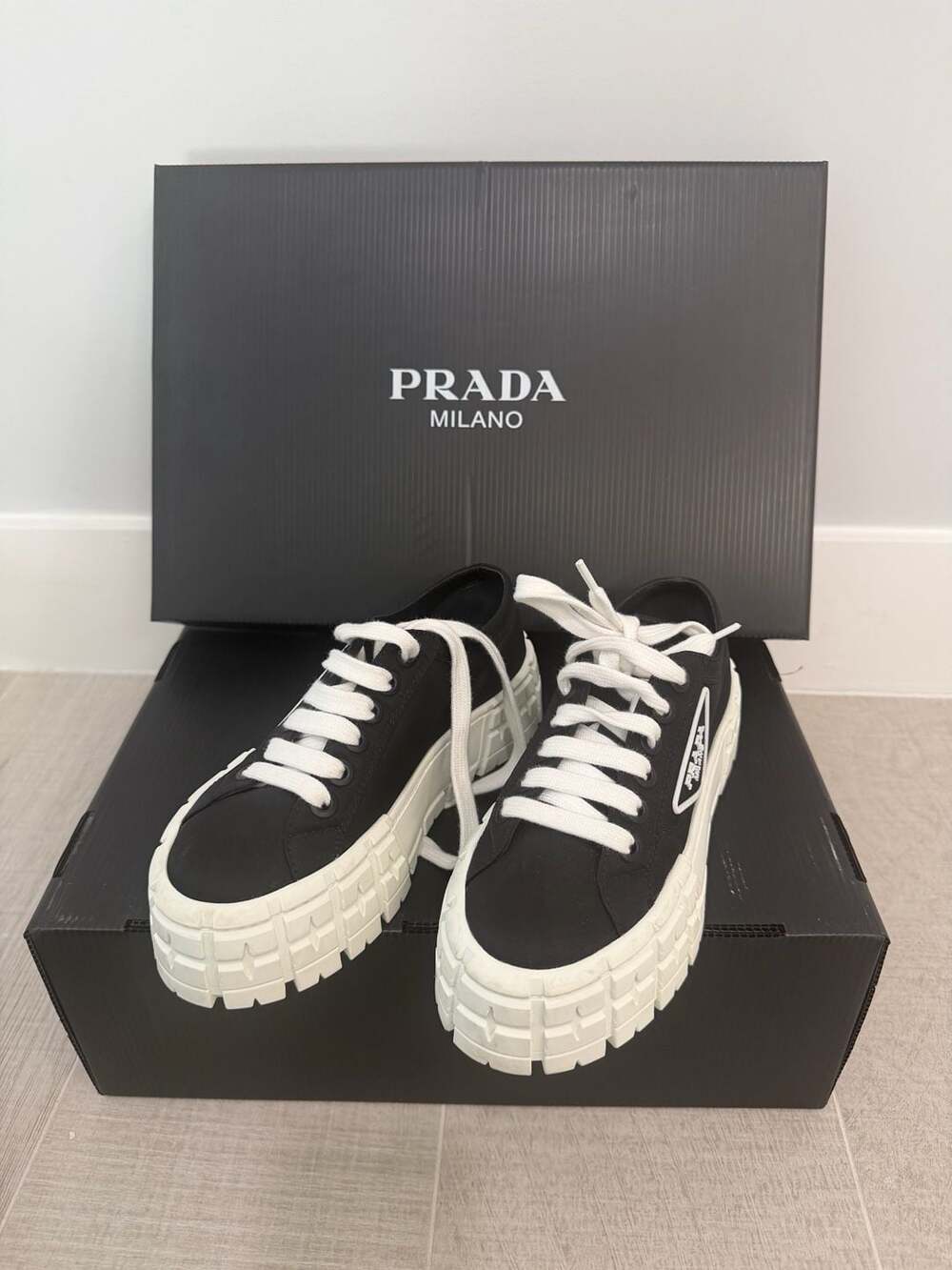 Prada Double Wheel Nylon Gabardine Low-Top Sneakers Black White - Picture 2 of 14